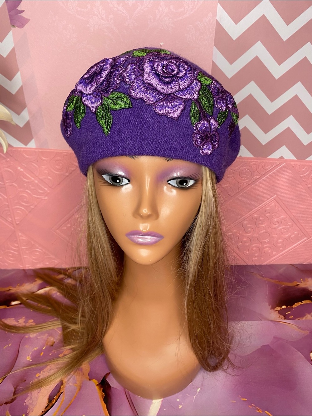 ๐๐ท Purple Floral Embroidered Wool Feel Beret ๐ท๐ NWT - Picture 4 of 10